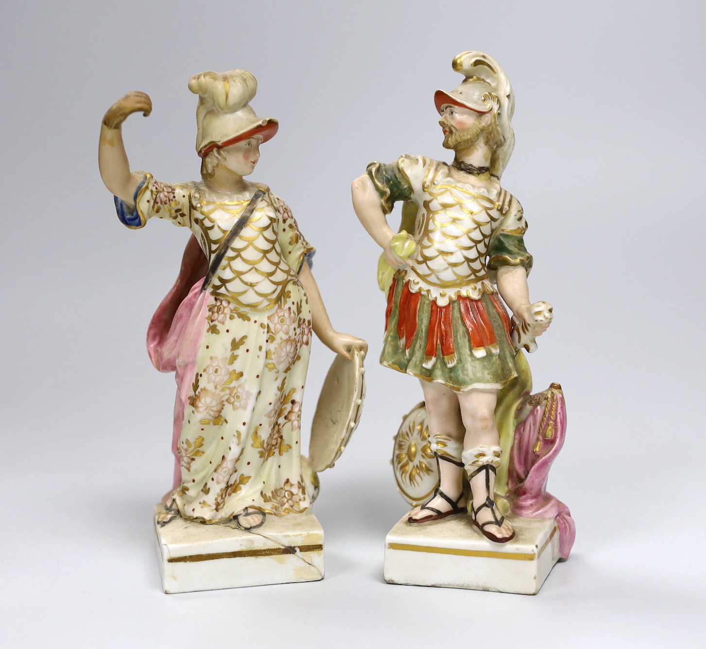 A pair of Derby porcelain figures, early 19th century, modelled as Minerva and Mars, 18cm high (a.f.), tallest 17.5cms high